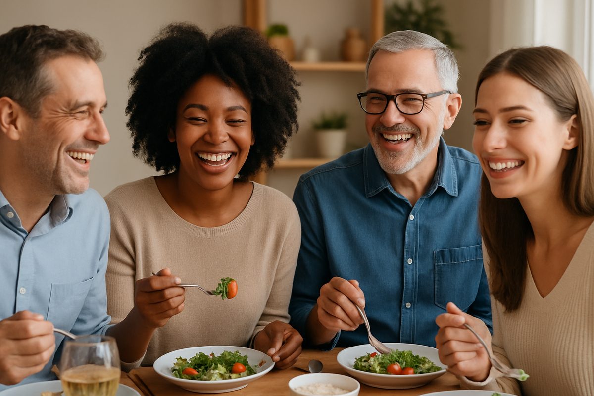 Photo of a diverse group of people happily eating and socializing, showcasing the long-term benefits and natural look of reasonable dental implants. No text on image.
