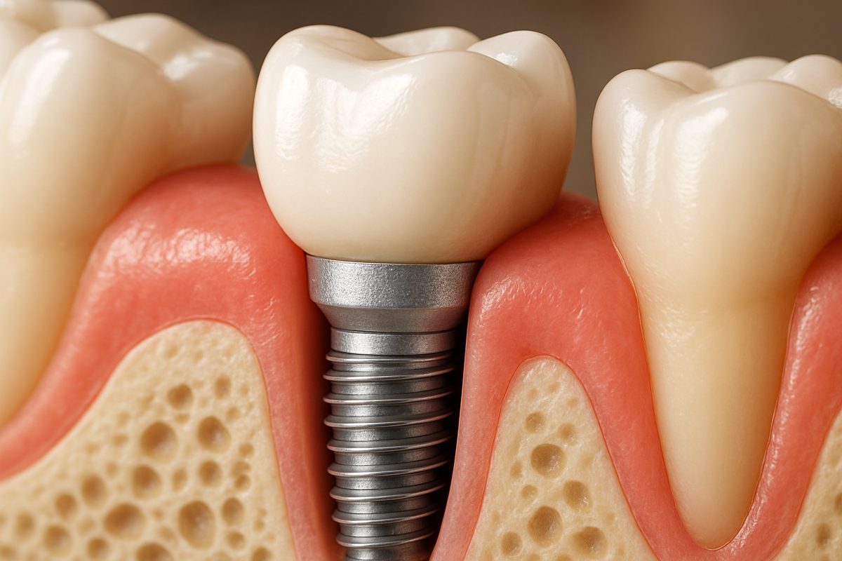 A close-up image showcasing a healthy tooth supported by a dental implant seamlessly integrated into the jawbone, surrounded by healthy gum tissue. No text on the image.
