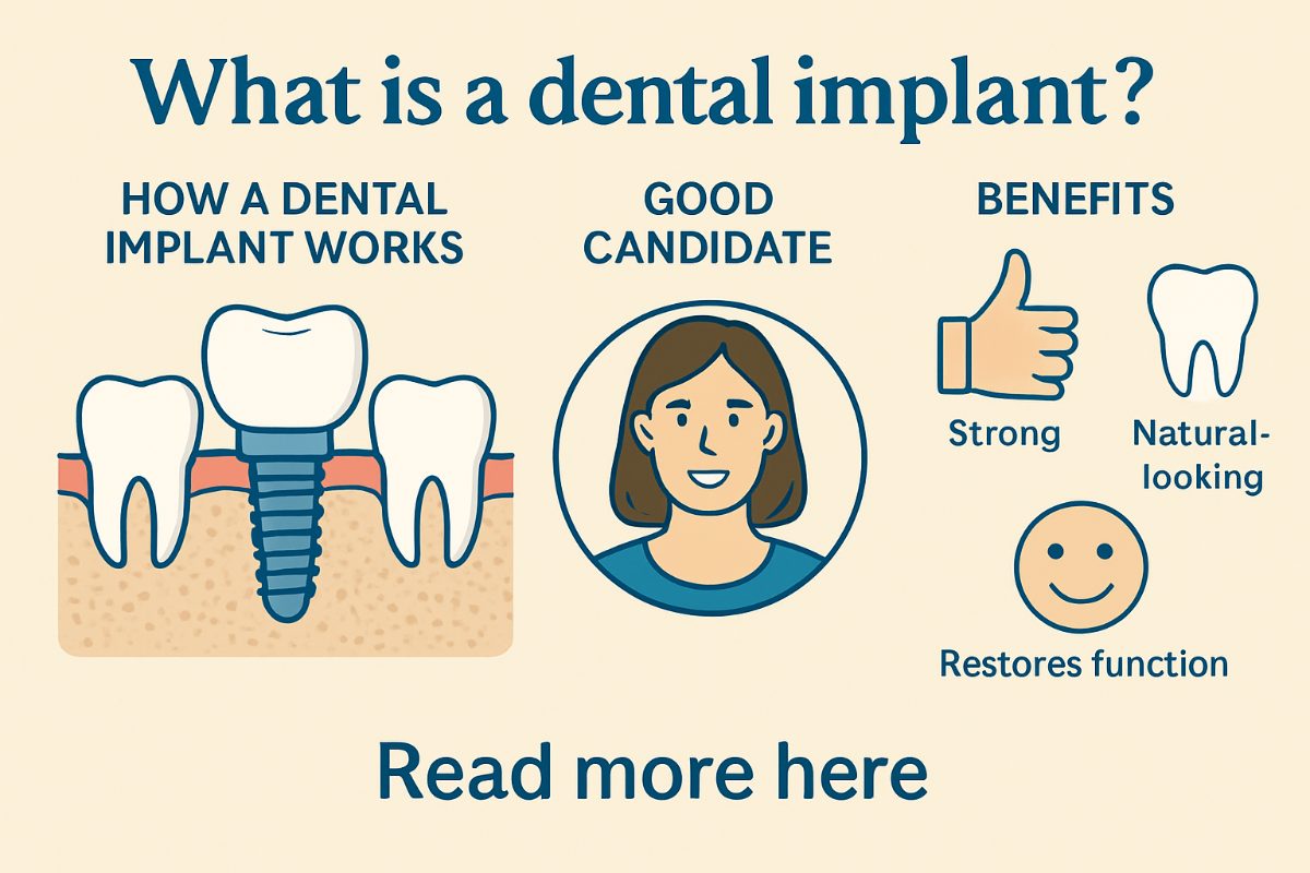 A close up angled shot of a dental implant being placed into a patient's jawbone, the abutment visible above the gumline, with sterile surgical tools surrounding the area. No text.