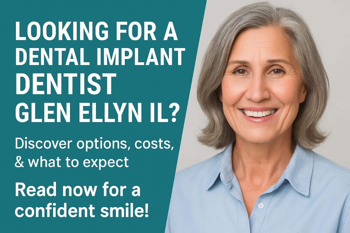 Photo of a dentist in Glen Ellyn IL smiling and pointing to a 3D scan of a patient's mouth, showcasing dental implant placement. The background includes modern dental equipment, and text on the screen reads "Dental Implants: Your Smile Solution".