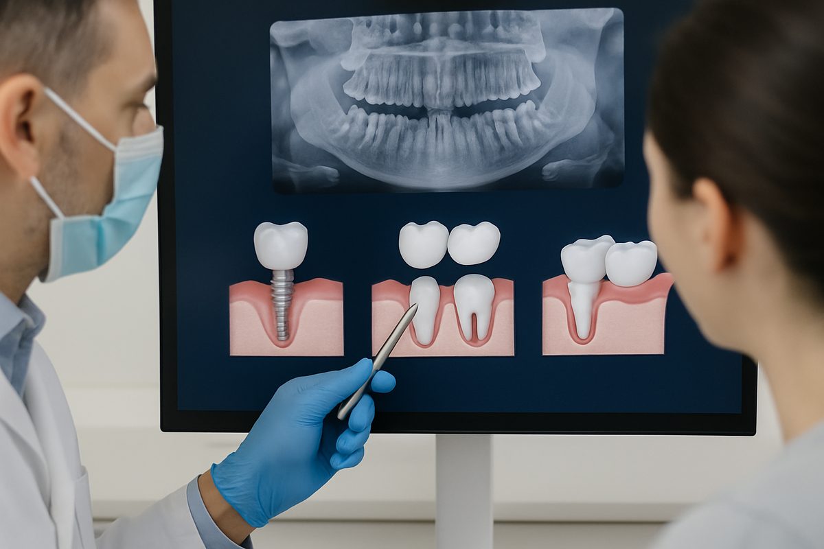 A close-up of a dentist pointing to a digital scan of a patient's mouth, illustrating options for "replacing a molar" with implants, bridges, and dentures. No text on the image.