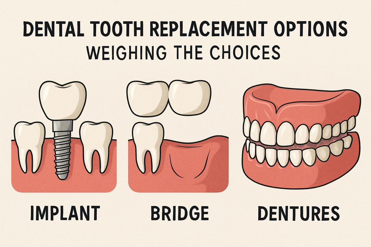 Illustration depicting various dental tooth replacement options, including implants, bridges, and dentures, displayed side-by-side for comparison. Include the text "Dental Tooth Replacement Options: Weighing the Choices".