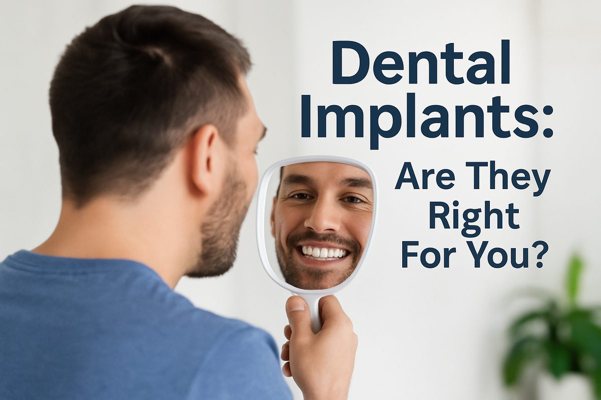 A person looking in the mirror and smiling, revealing a perfect set of dental implants. The text on the image should say "Dental Implants: Are They Right For You?"