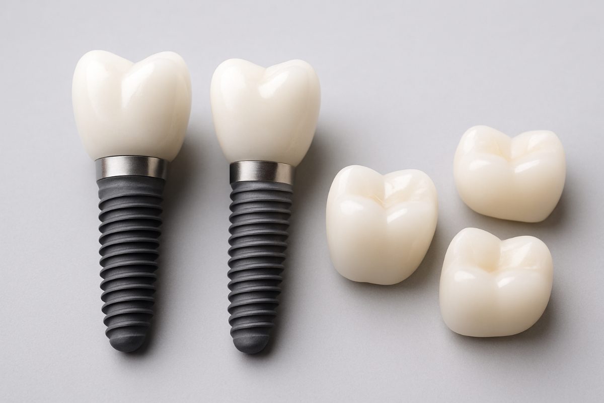 Close-up of a dentist explaining the difference between a dental implant and a crown to a patient using models, highlighting the implant replacing the root and the crown covering the tooth. No text on image.