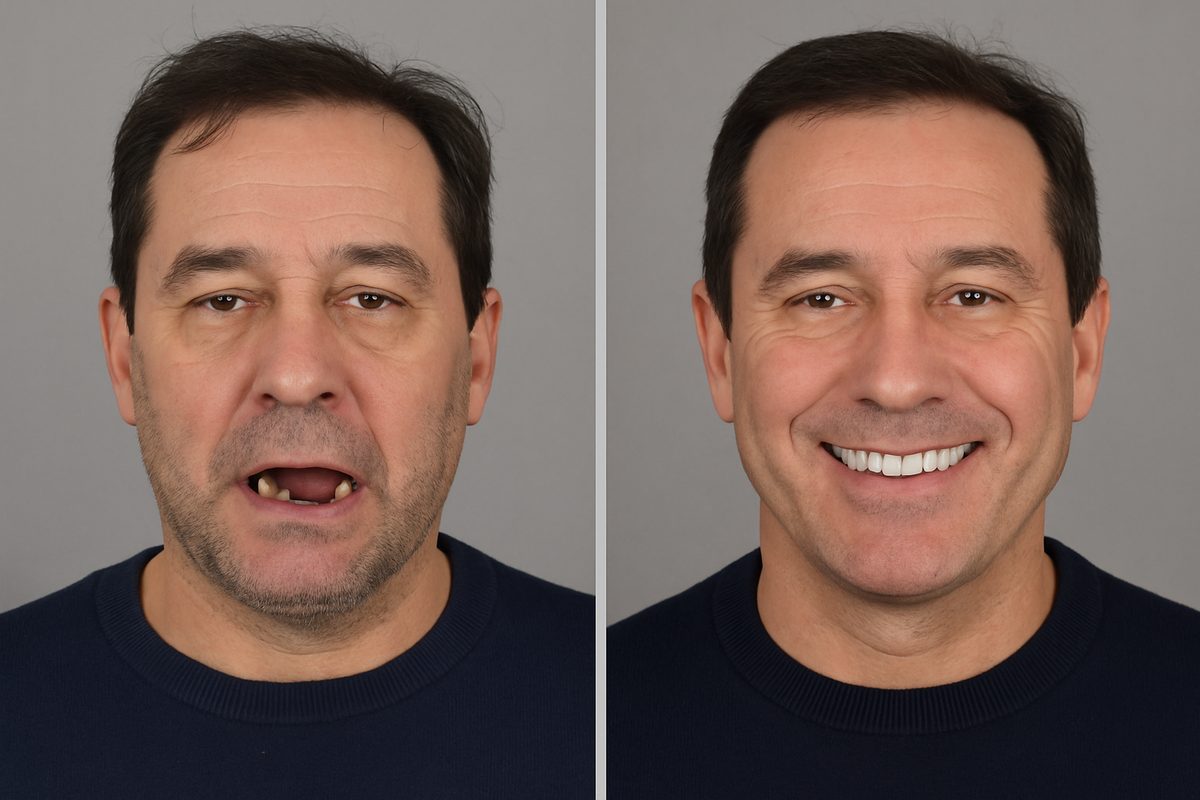 Before and after image of a patient who received a "full mouth implant" from NoviSmile Dental Implant & Surgery Center. The after photo shows the patient smiling confidently with their new teeth. No text on image.