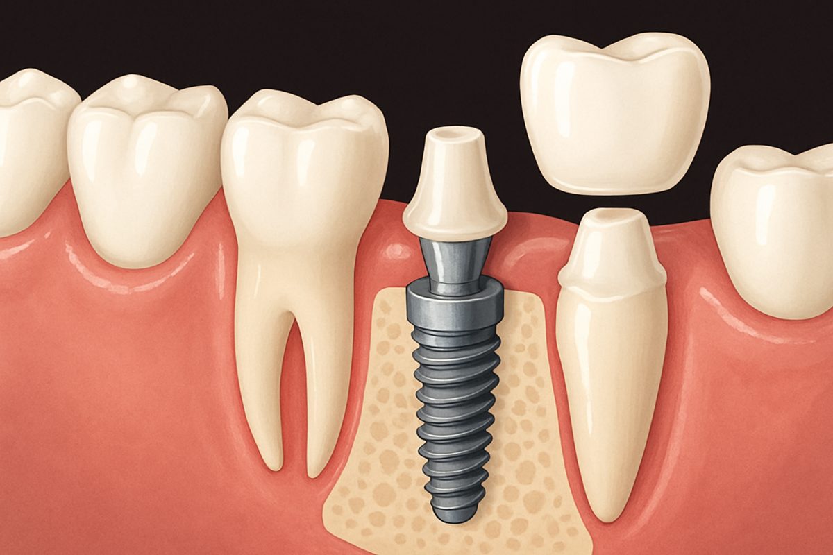 Close up image of a dentist placing a single implant tooth into a patient's mouth. The dentist is wearing surgical gloves and a mask. The image should be professional and sterile. No text on the image.