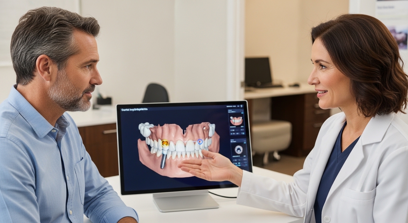 Patient and oral surgeon discussing dental implant options